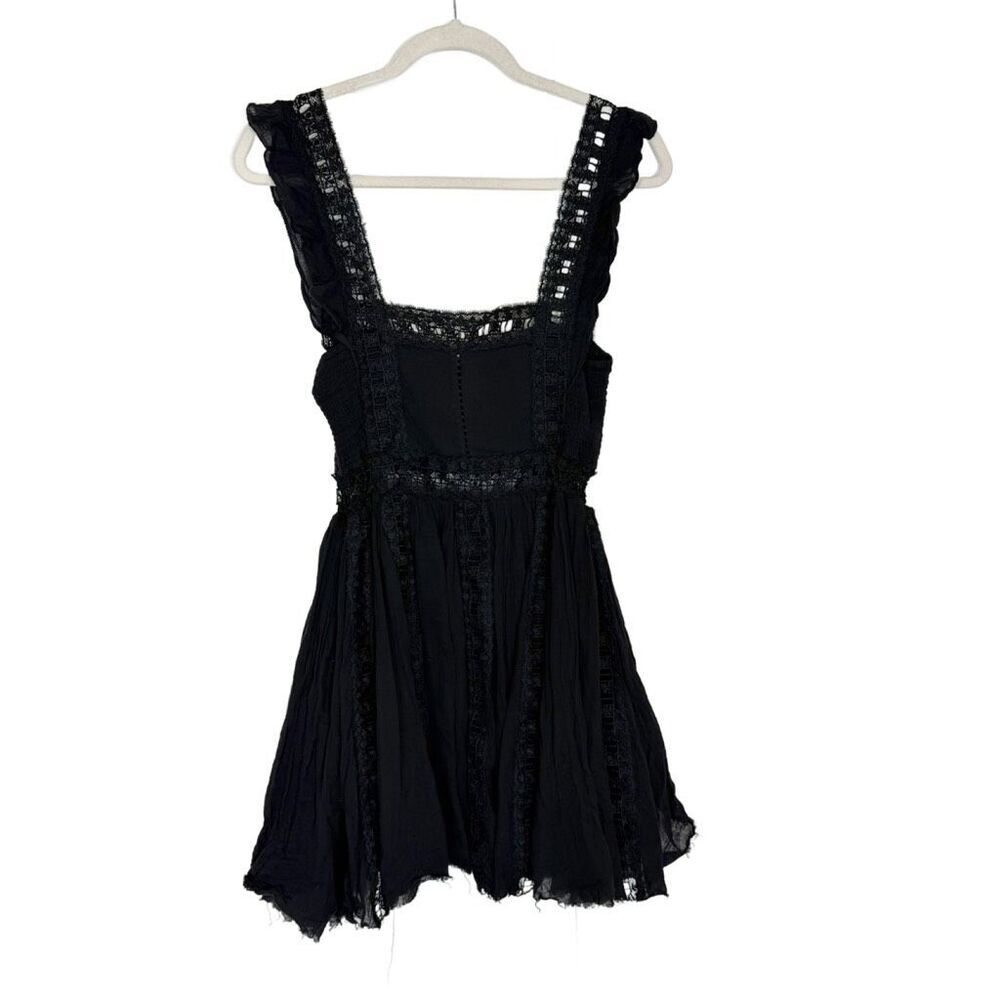 Free People Dress XS Verona Lace Trim Mini Black Square Neck Flare Gauzy Cotton - Picture 8 of 16